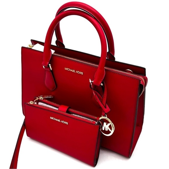 Michael Kors Sheila Medium Center Zip Satchel Bag & Large Double Zip Wallet Red - Picture 12 of 16
